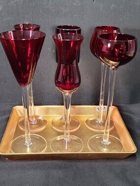 Set of 6 Red Cordial Liqueur Glasses with Gold Tray